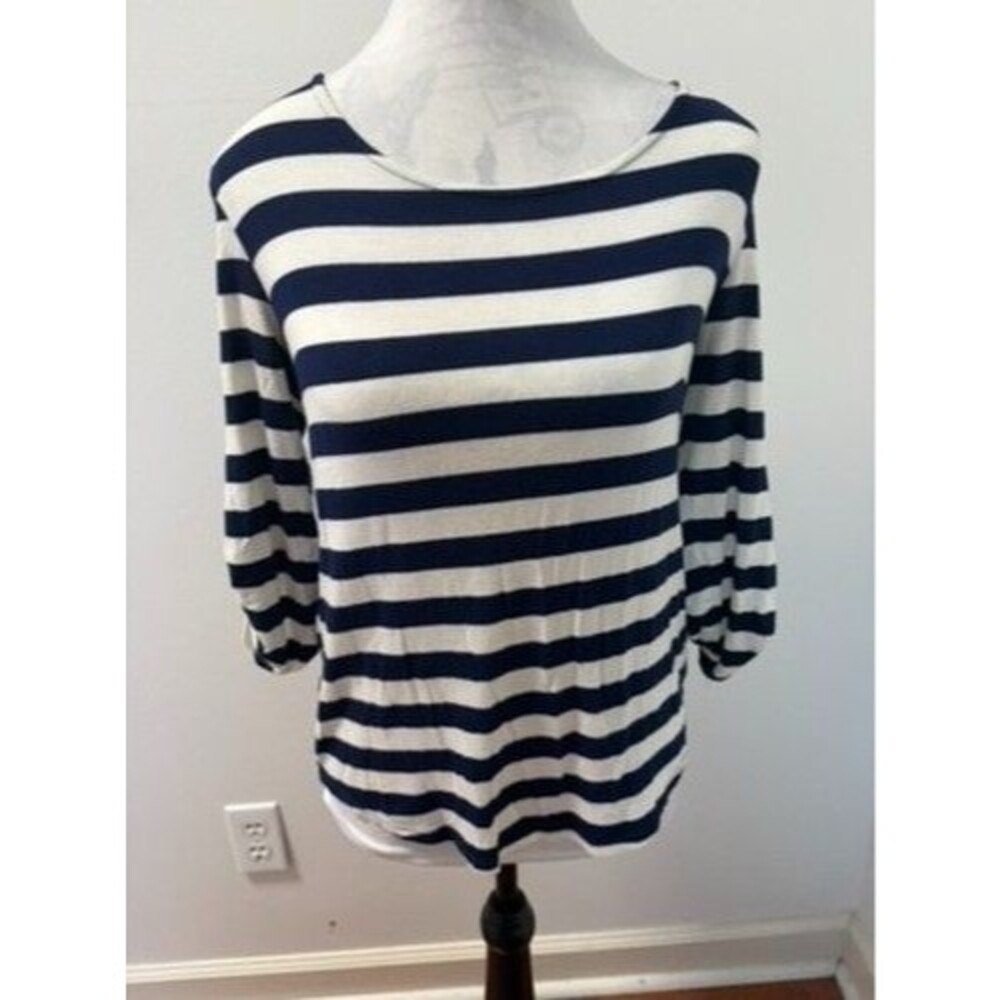 Faith and Joy Women's Navy Blue White Striped Back Tie Knit Top Size S